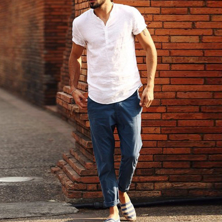 Men's Short Sleeve Cotton Henley Shirt with Modern Mock Neck Lune London
