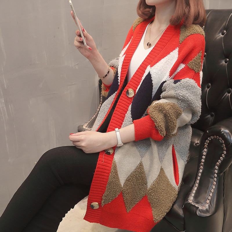 Women's cardigan with geometric pattern and large buttons Lune London