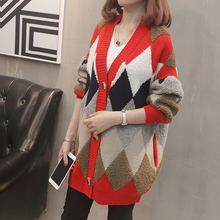 Women's cardigan with geometric pattern and large buttons Lune London