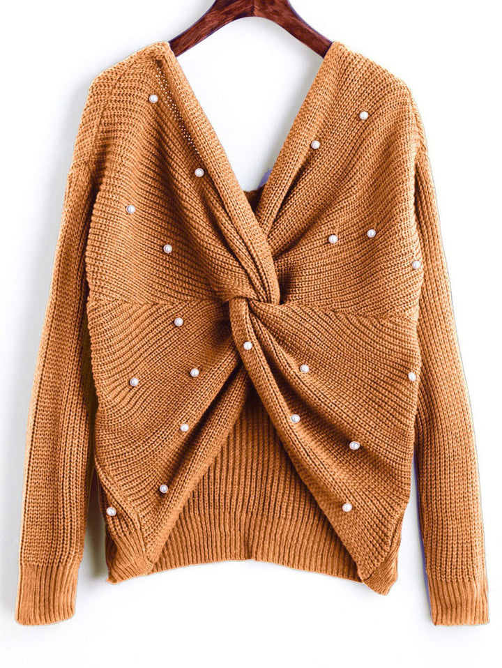 Knitted sweater for women with an asymmetrical design at the back and pearl embellished elements Lune London