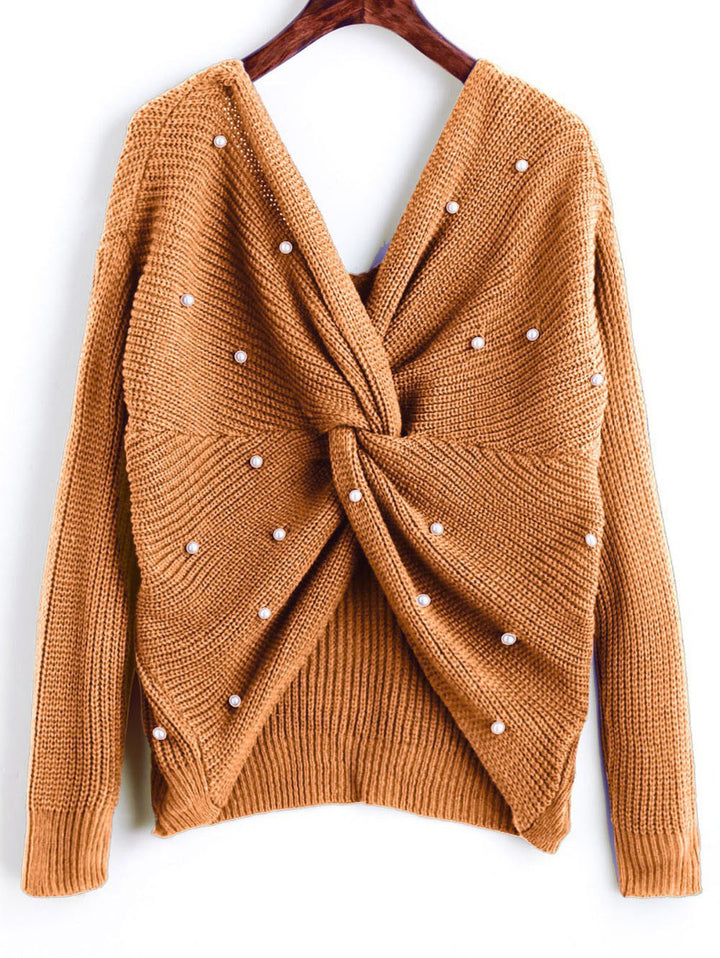 Women's knitted sweater with twisted detail and bead trim Lune London