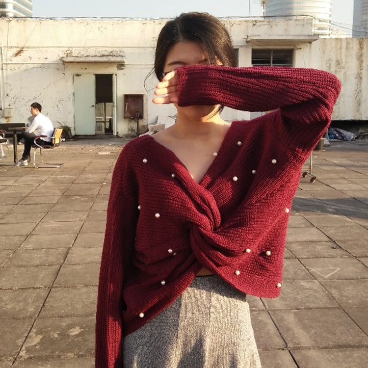 Draped design knitted sweater for women with beaded details Lune Londonl