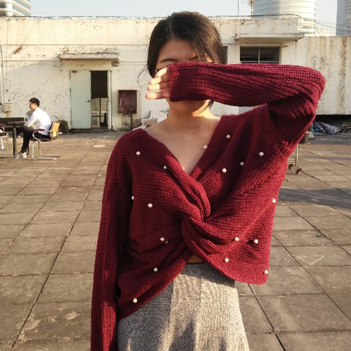 Draped design knitted sweater for women with beaded details Lune Londonl