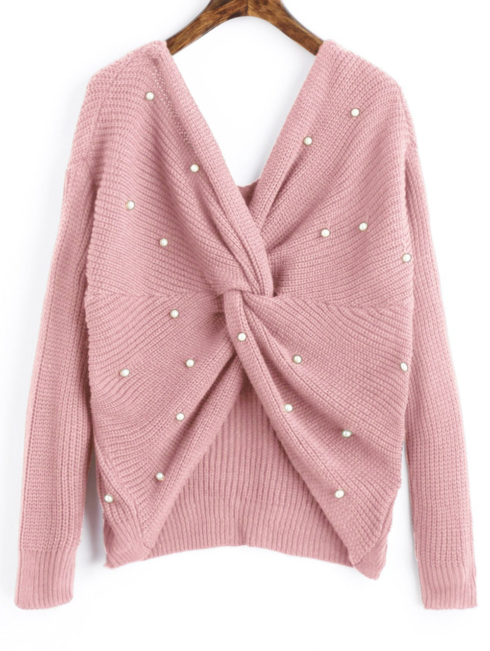 Knitted sweater for women with an asymmetrical design at the back and pearl embellished elements Lune London