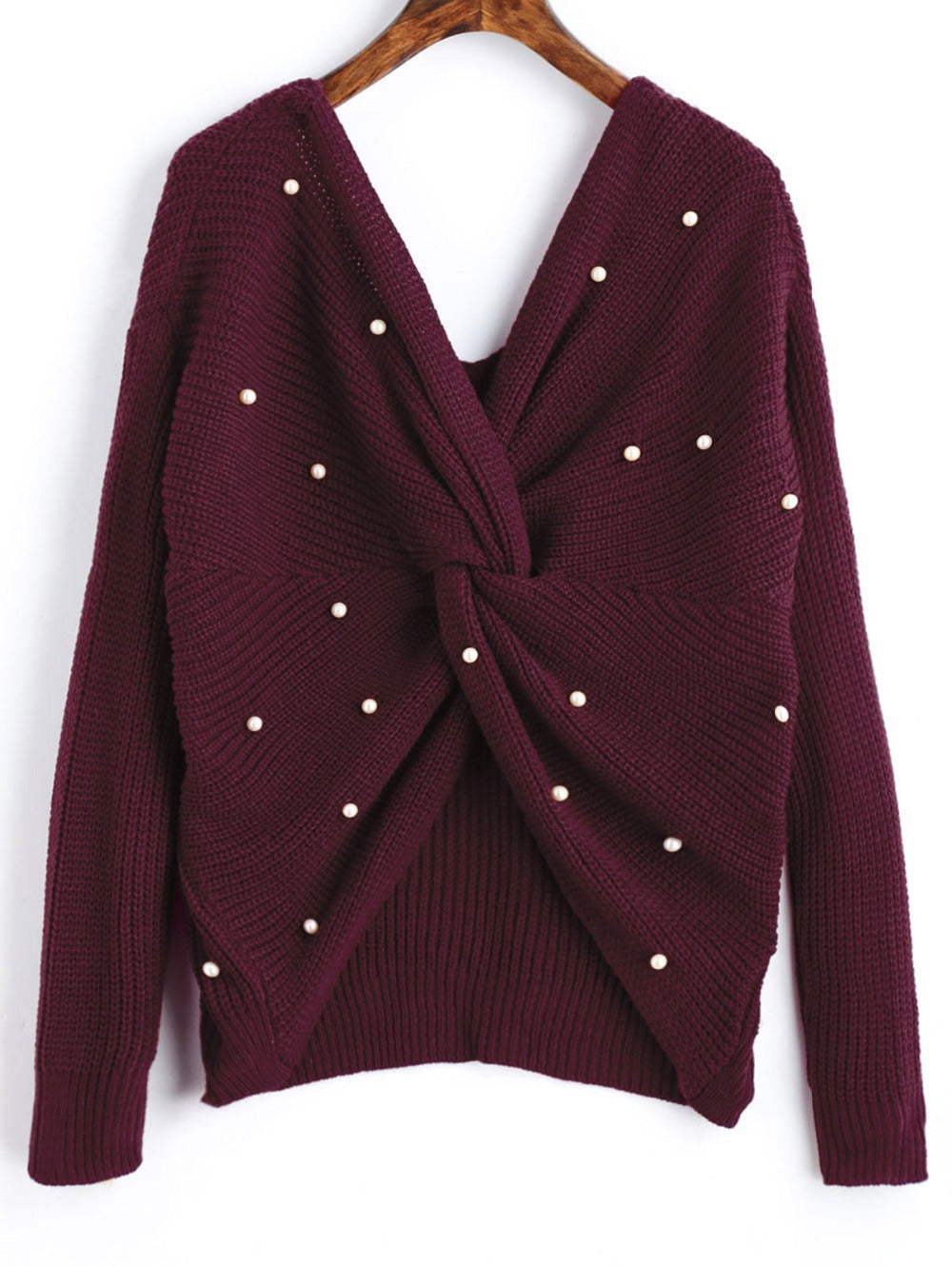 Knitted sweater for women with an asymmetrical design at the back and pearl embellished elements Lune London