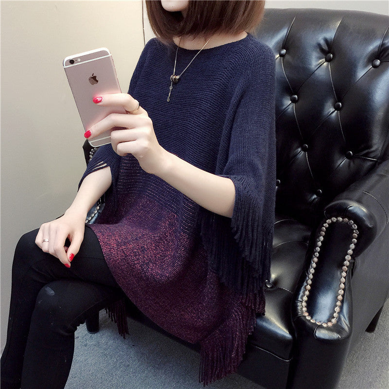 Ladies knitted poncho with fringes and trendy color gradient Lune London