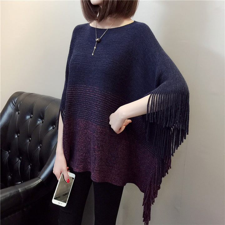 Ladies knitted poncho with fringes and trendy color gradient Lune London