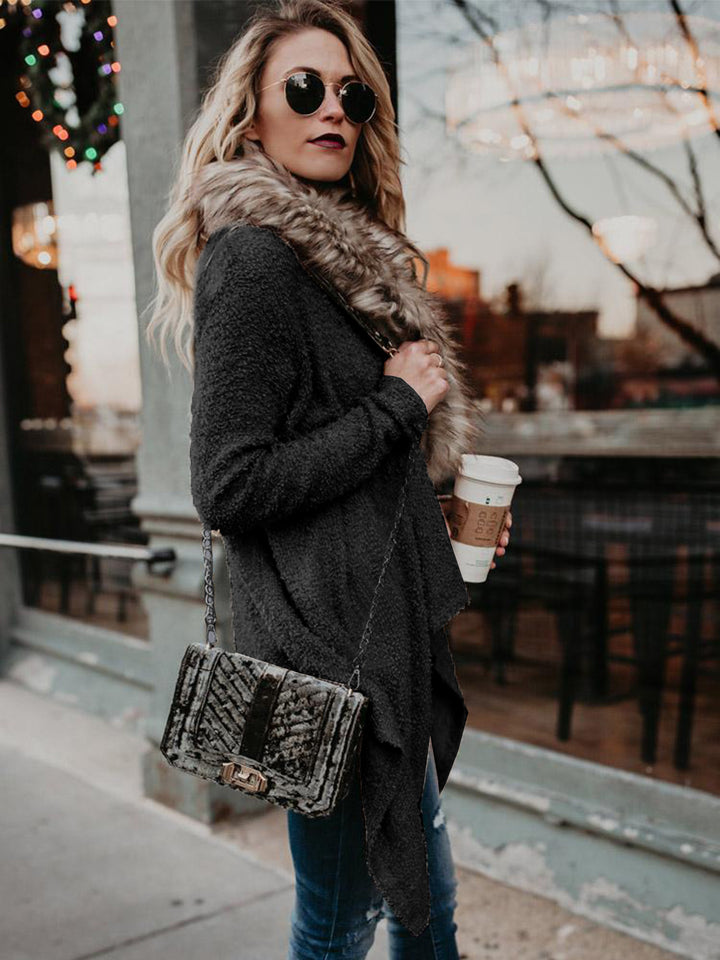 Ladies Comfortable Knitted Sweater with Luxurious Fur Collar and Asymmetrical Cut Chic and Style