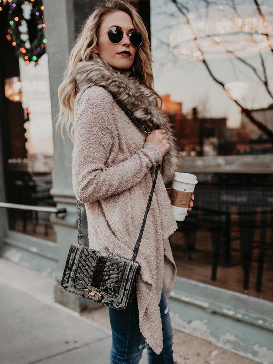 Ladies Comfortable Knitted Sweater with Luxurious Fur Collar and Asymmetrical Cut Chic and Style