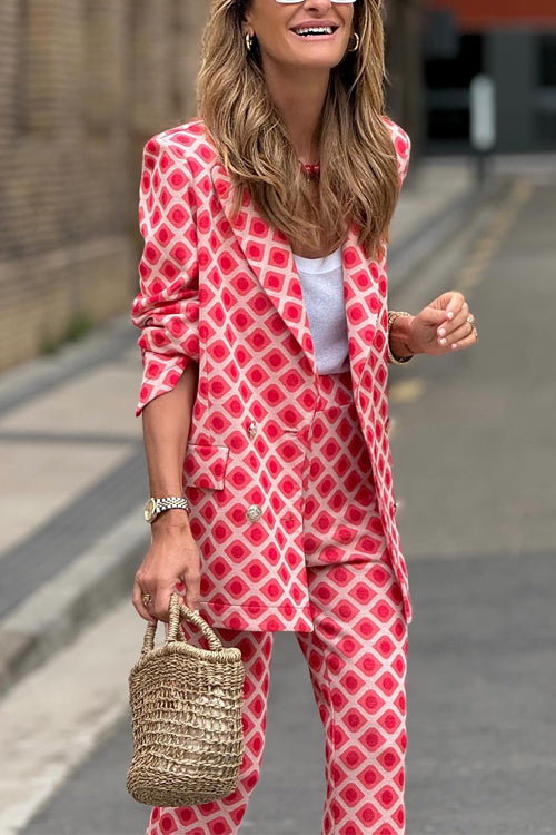 Lune London | Rosiedress Geometric Print Lapel Double Button Blazer and Flare Pants Set