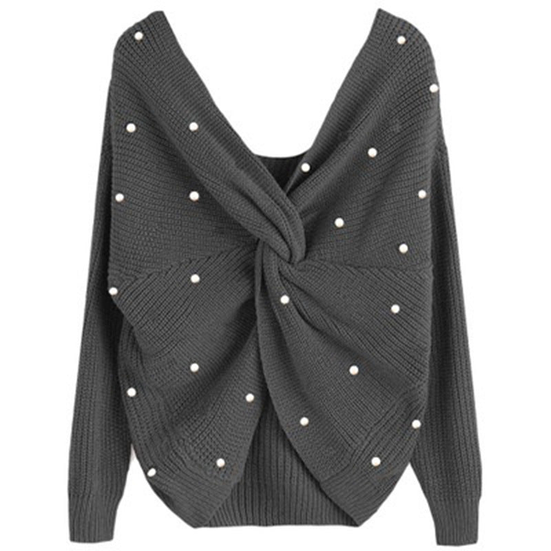Women's knitted sweater with twisted detail and bead trim Lune London