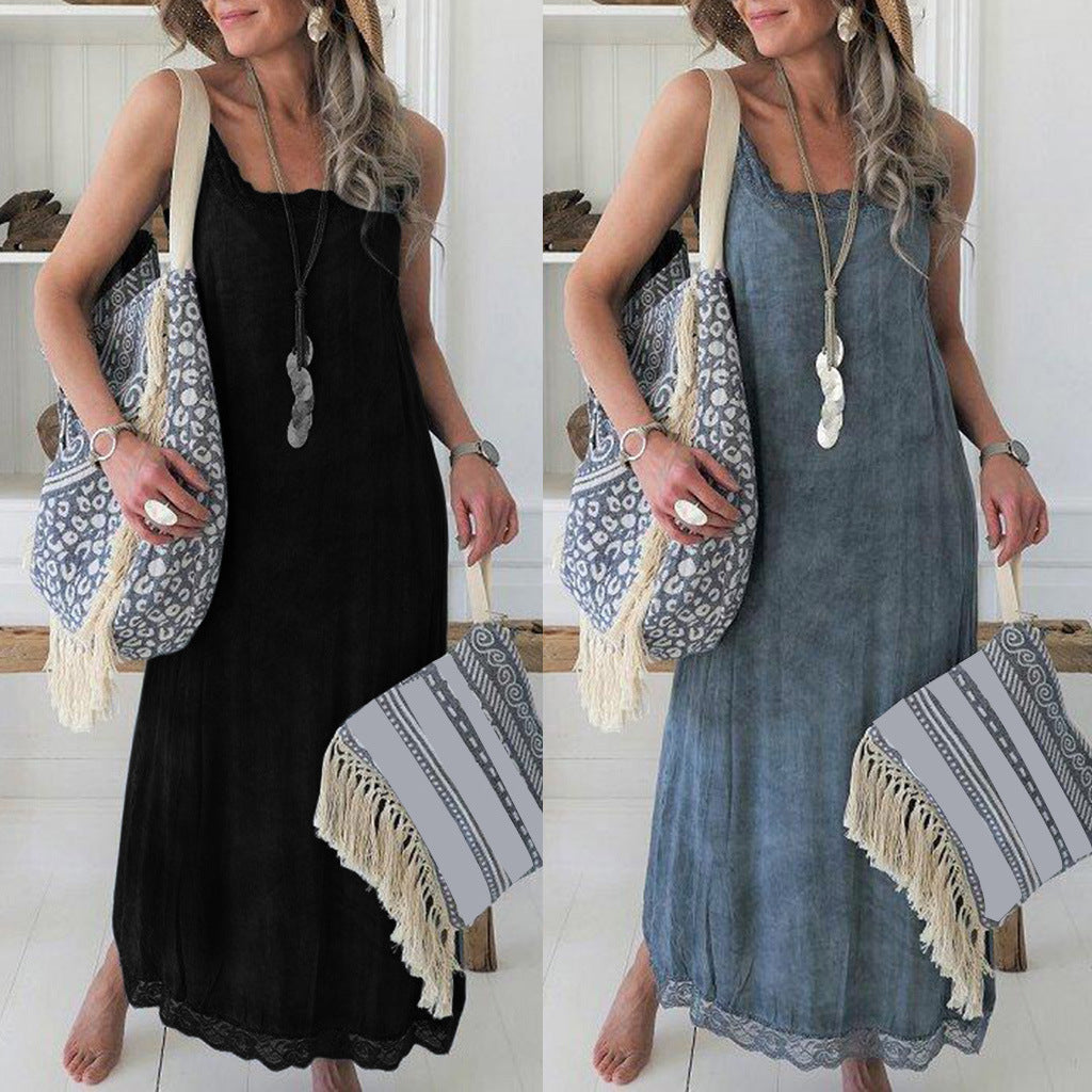 Robe maxi pour femmes avec de fines bretelles spaghetti et une élégante décoration en dentelle Chic & Stil