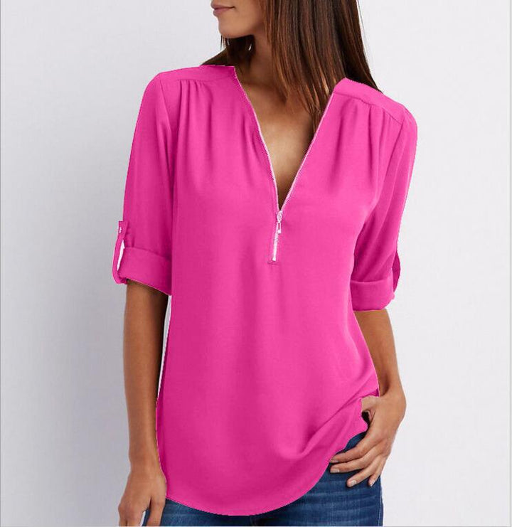 Lune London | Short sleeve shirt with zipper and V-neck - Loose tops