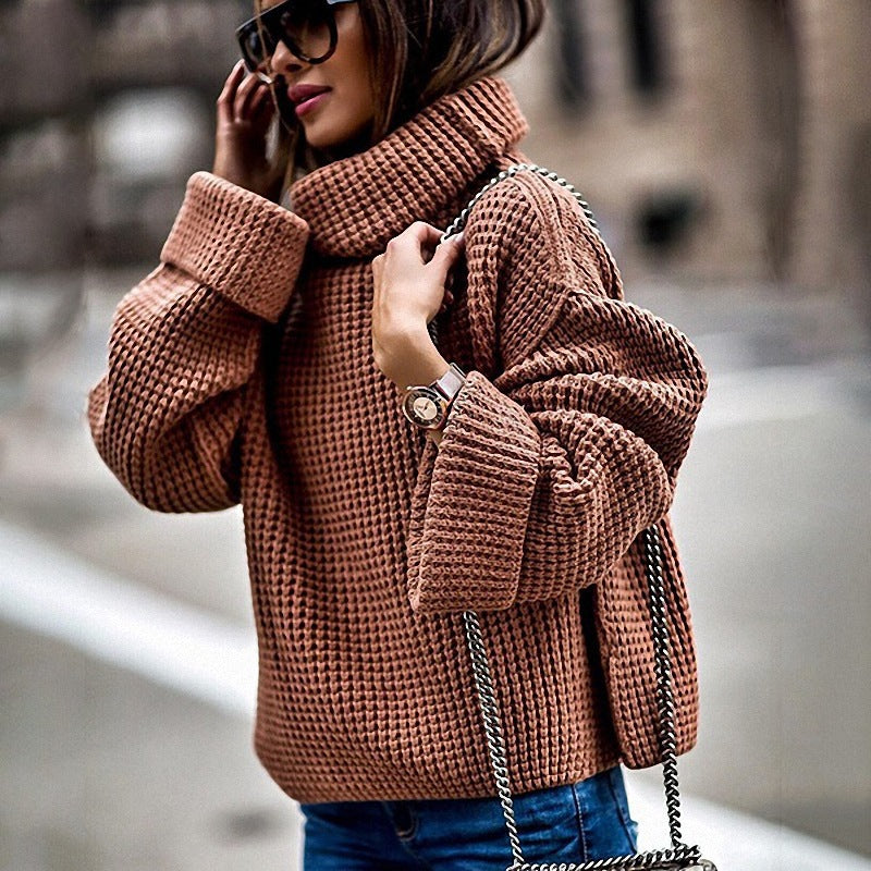 Chunky knit sweater for women with oversized sleeves and a high collar Lune London