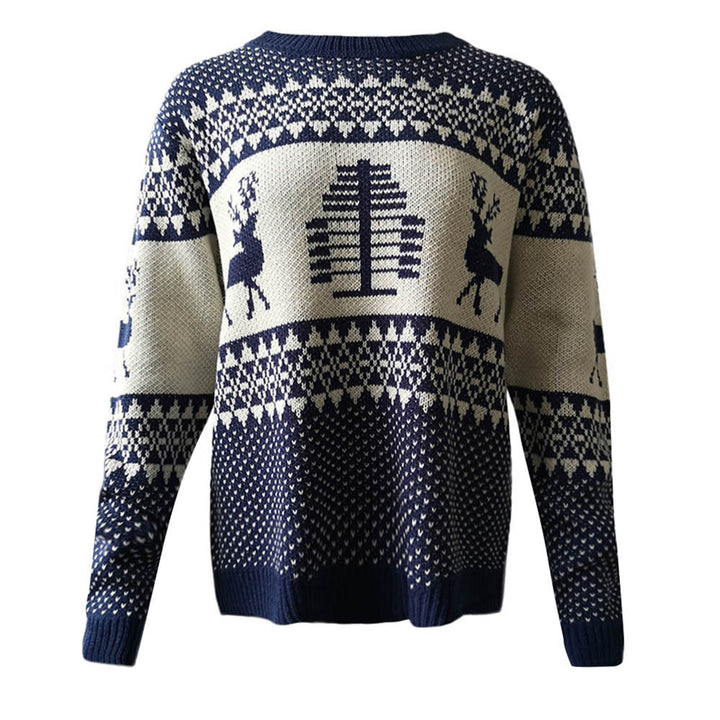 Christmas knitted sweater for women with festive reindeer design and geometric pattern Lune London