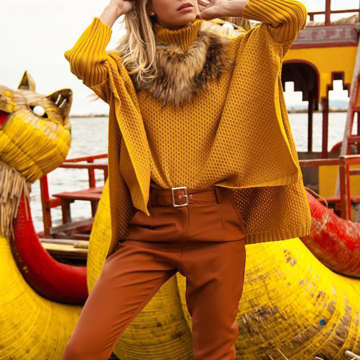 Knit sweater for women with high collar and textured knit look Lune London