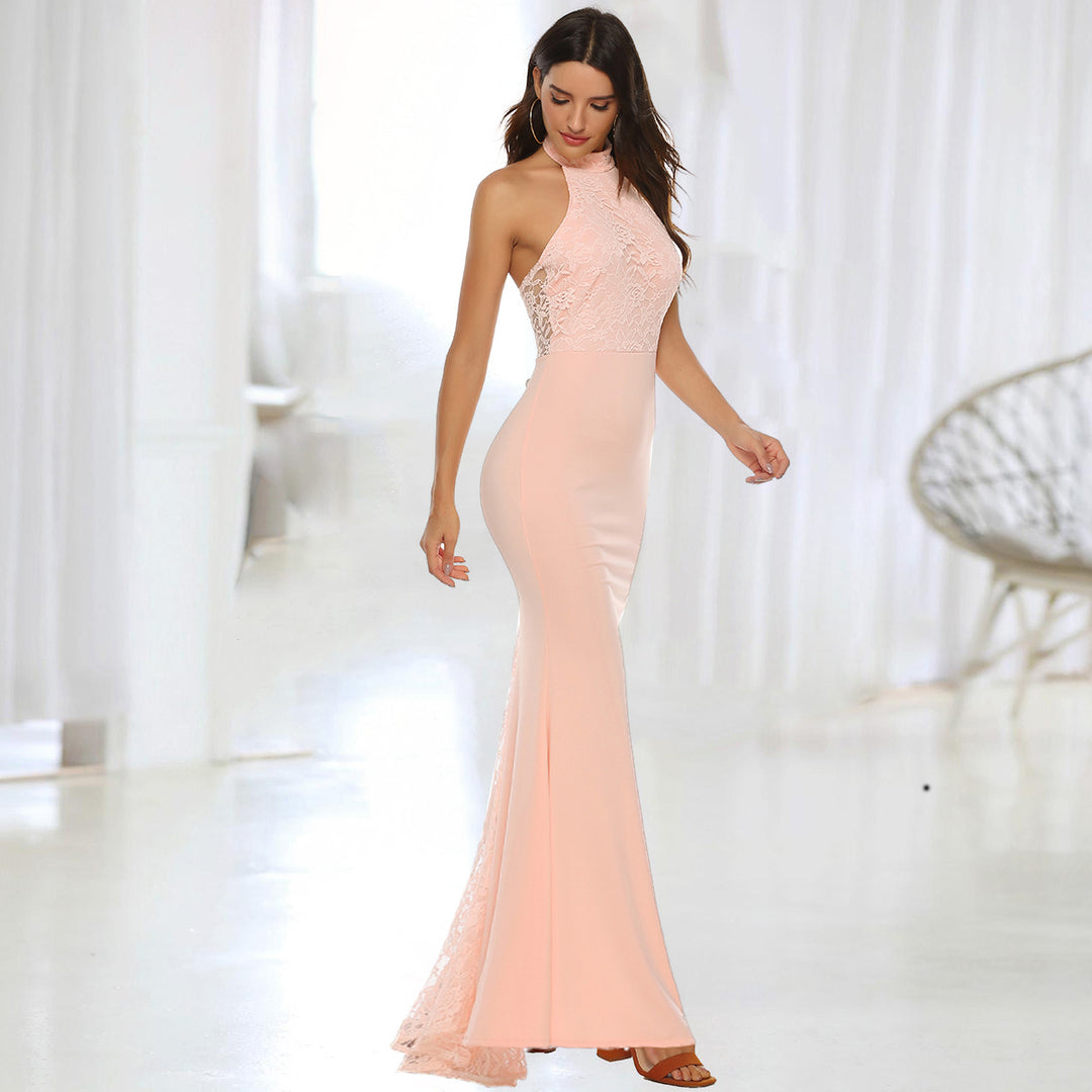 Women's Elegant Evening Dress with Lace Appliqués and Flared Hem