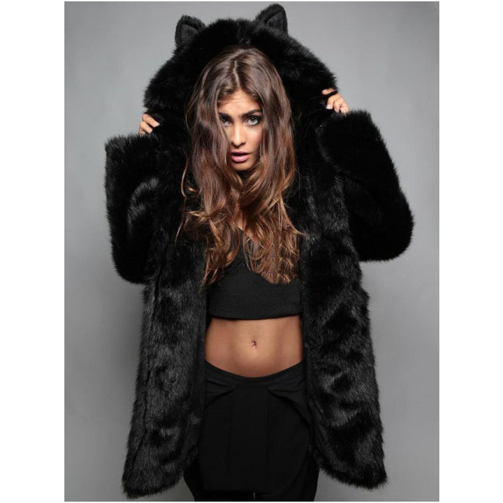 Ladies Cozy Fur Coat with Hood and Cat Ears Lune London