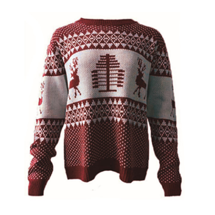 Christmas knitted sweater for women with festive reindeer design and geometric pattern Lune London