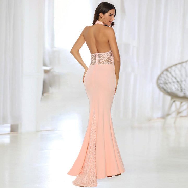 Women's Elegant Evening Dress with Lace Appliqués and Flared Hem