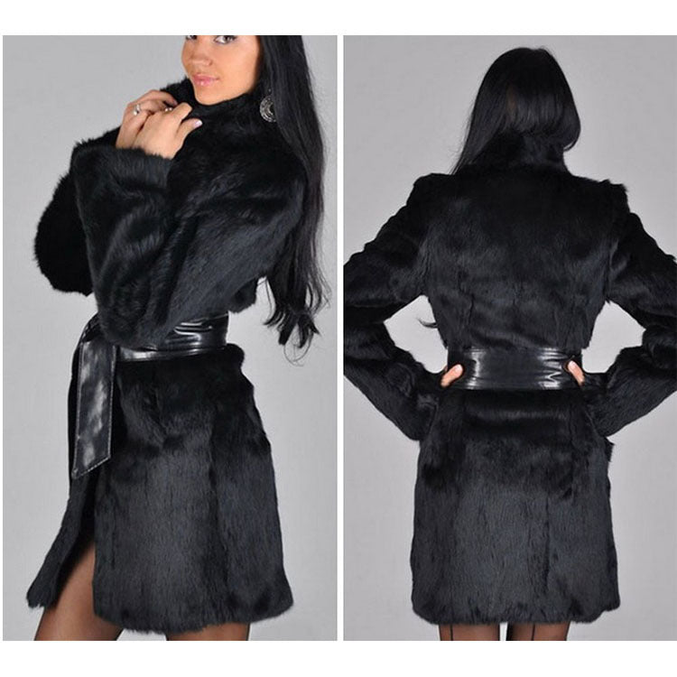 Ladies Elegant Faux Fur Coat with Belt Lune London