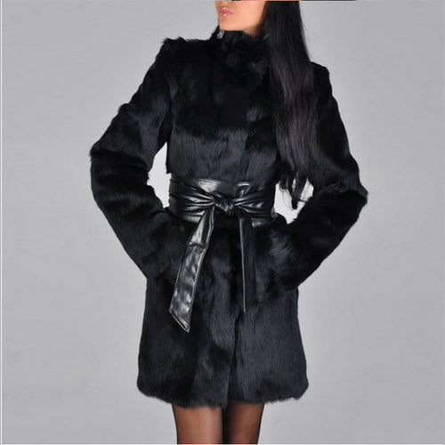 Ladies Elegant Faux Fur Coat with Belt Lune London