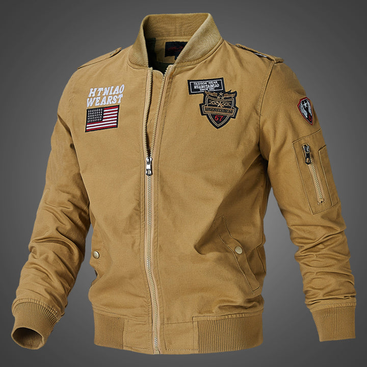 Lune London men's military pilot jacket with embroidered patches