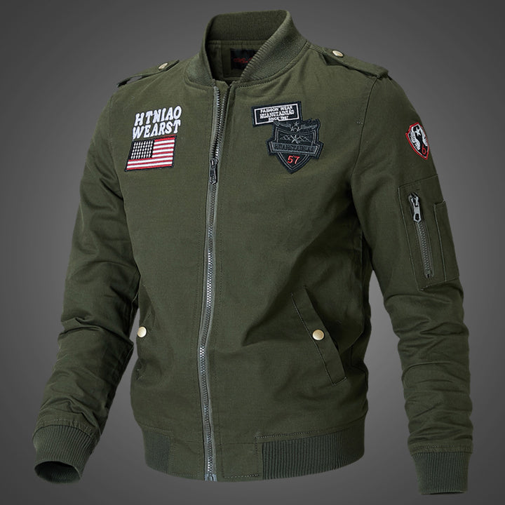 Lune London men's military pilot jacket with embroidered patches