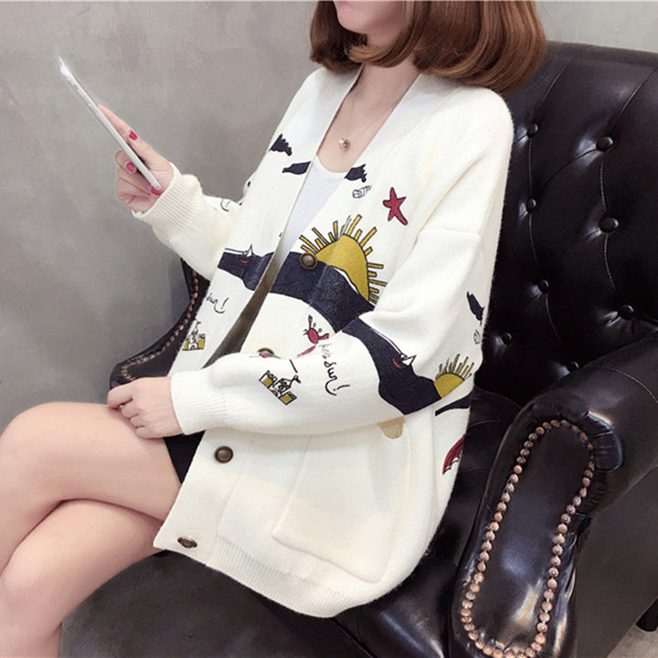 Women playful cardigan with colorful appliqués and large pockets Lune London
