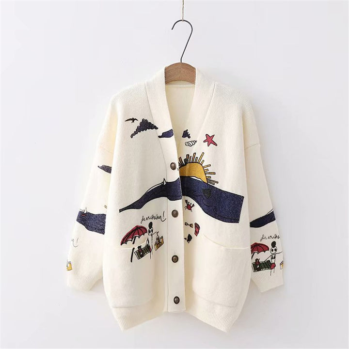 Women playful cardigan with colorful appliqués and large pockets Lune London