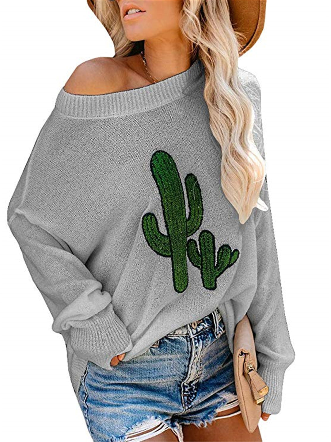 Sweater surdimensionné pour femmes avec un design de cactus décontracté et un col rond Chic & Stil