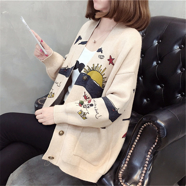 Women playful cardigan with colorful appliqués and large pockets Lune London