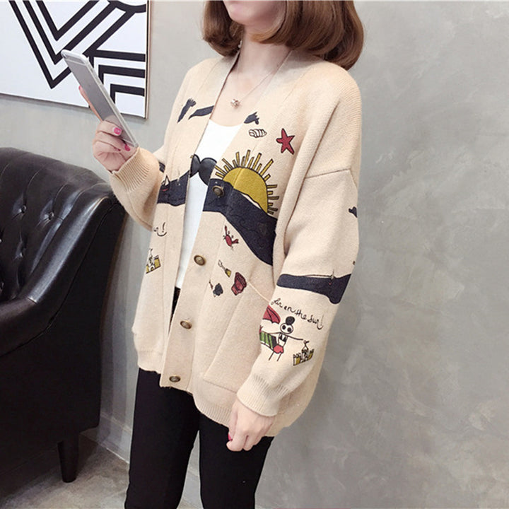 Women playful cardigan with colorful appliqués and large pockets Lune London