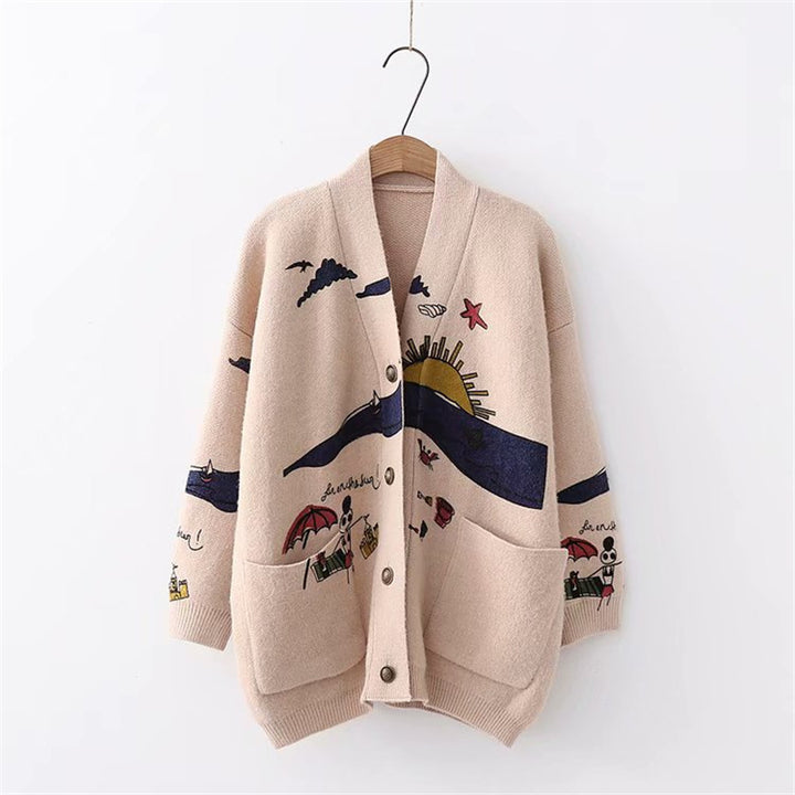 Women playful cardigan with colorful appliqués and large pockets Lune London