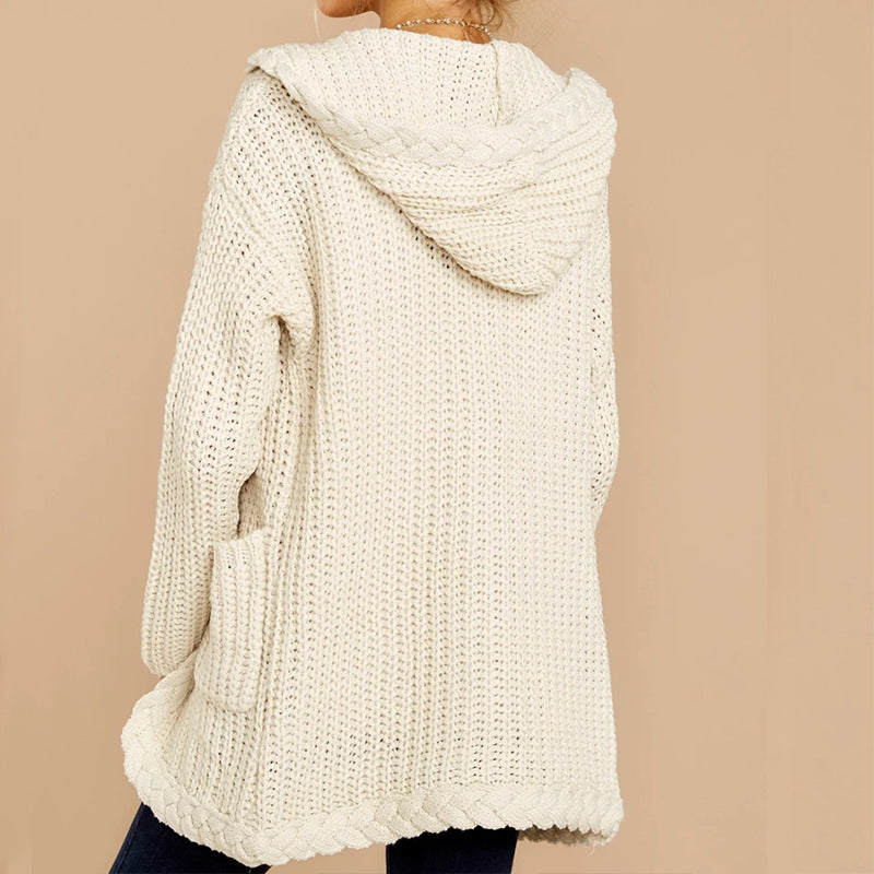 Women's thick knitted cardigan with hood and practical pockets Lune London