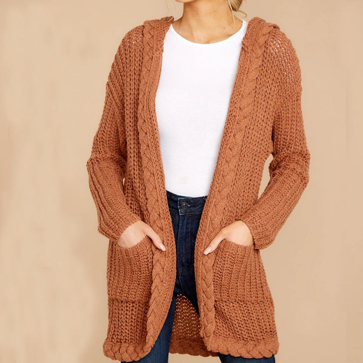 Women's thick knitted cardigan with hood and practical pockets Lune London