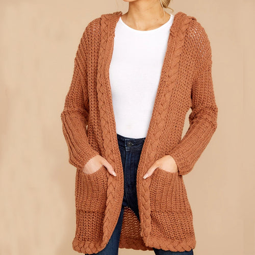 Women's thick knitted cardigan with hood and practical pockets Lune London