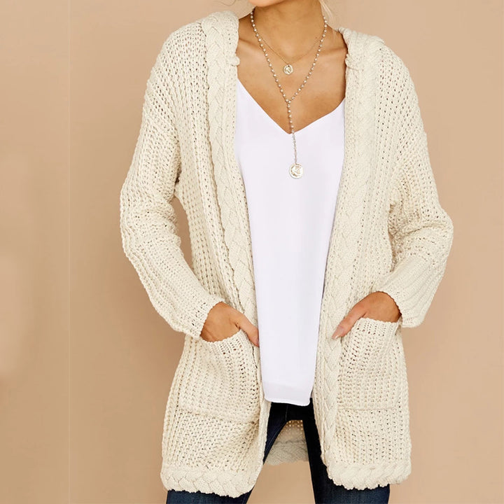 Women's thick knitted cardigan with hood and practical pockets Lune London