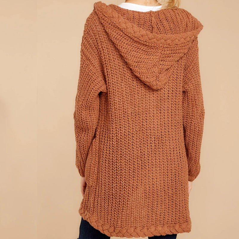Women's thick knitted cardigan with hood and practical pockets Lune London