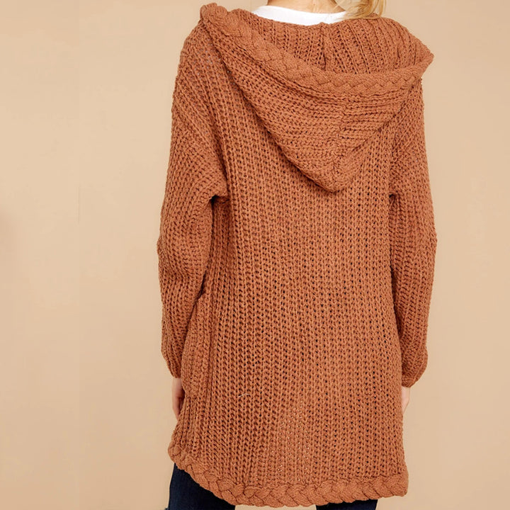 Women's thick knitted cardigan with hood and practical pockets Lune London