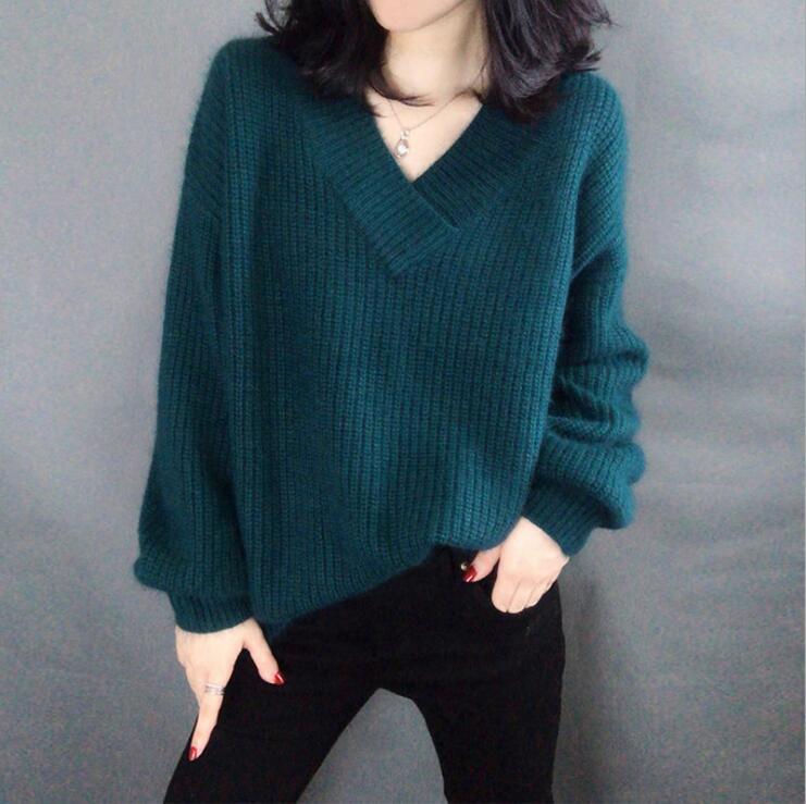 Oversized casual knit sweater for ladies with V-neck Lune London