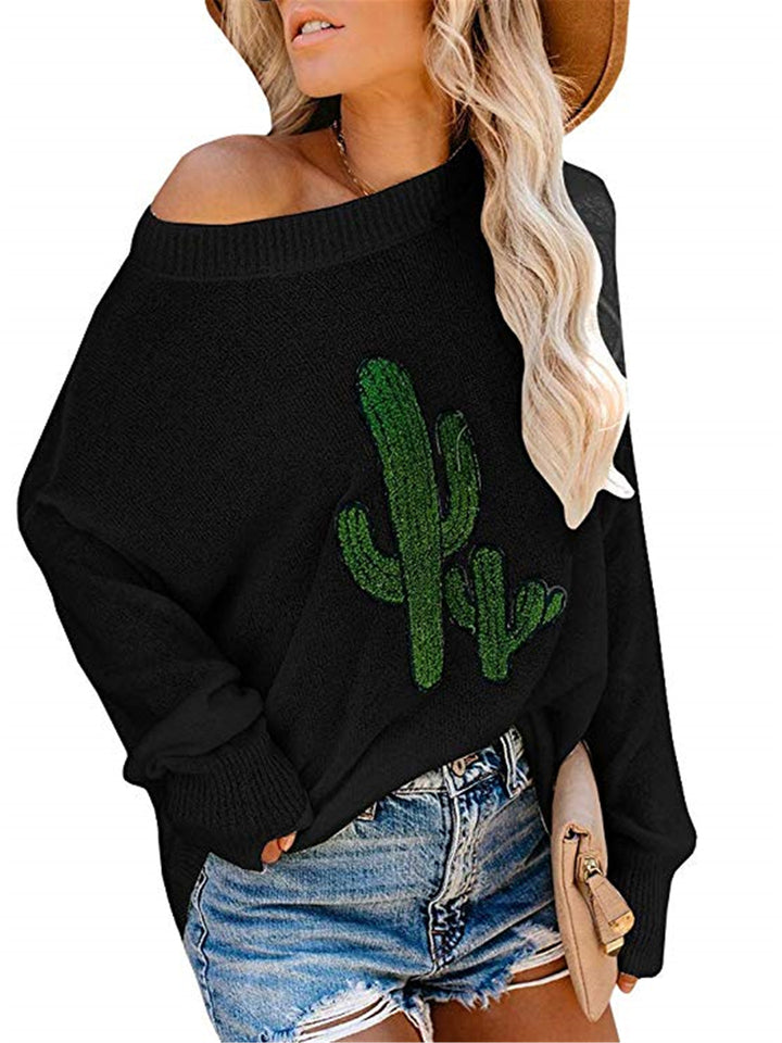 Sweater surdimensionné pour femmes avec un design de cactus décontracté et un col rond Chic & Stil