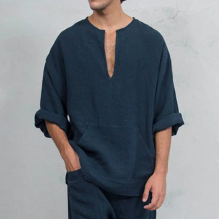 Men's casual high linen with Henley neckline and practical kangaroo pocket Lune London