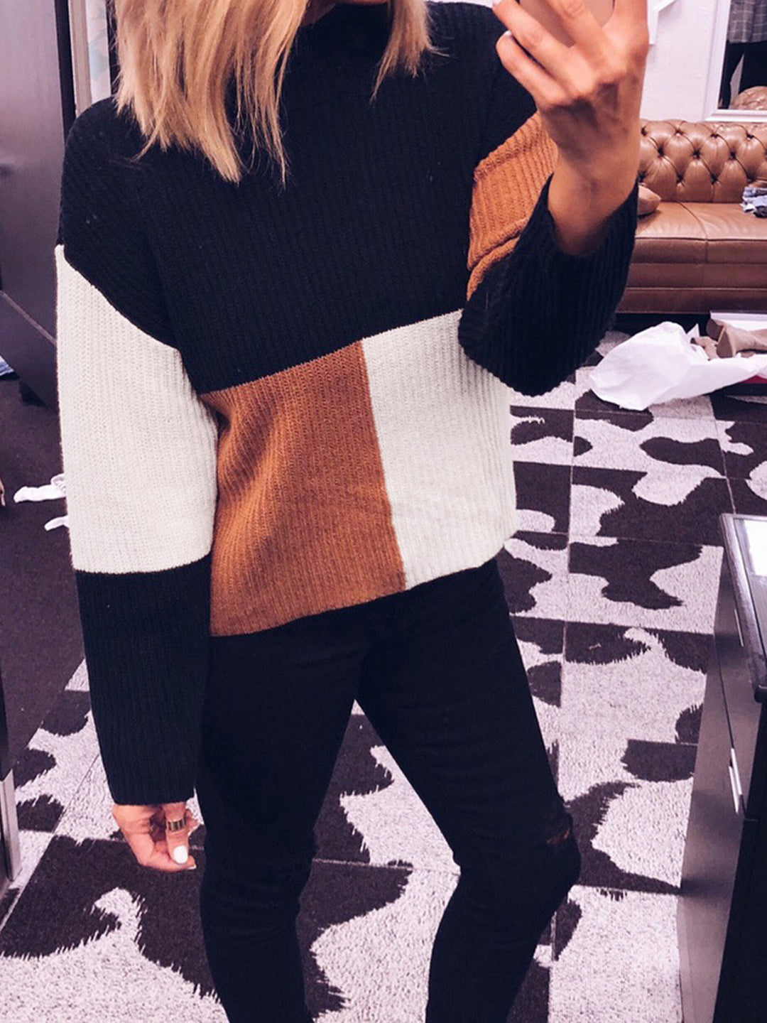 Lune London women’s knit sweater with a modern color block design
