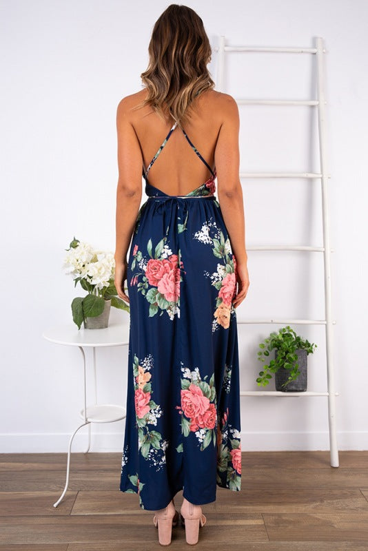Robe maxi femme avec motif floral ludique et élégant col en V Chic & Stil