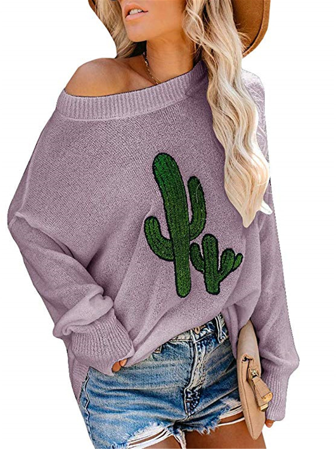 Sweater surdimensionné pour femmes avec un design de cactus décontracté et un col rond Chic & Stil