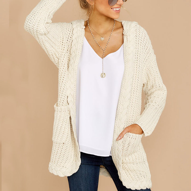 Women's thick knitted cardigan with hood and practical pockets Lune London