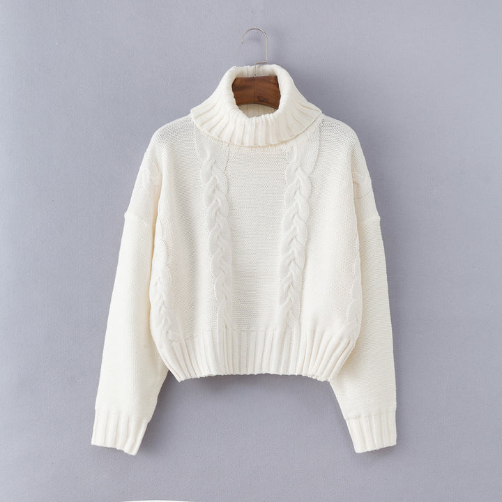 Thick knitted sweater for women with high collar and cable knit pattern Lune Londonl