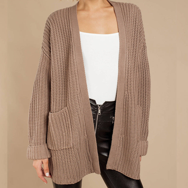 Womens chunky knit jacket with deep V-neck and relaxed fit Lune London