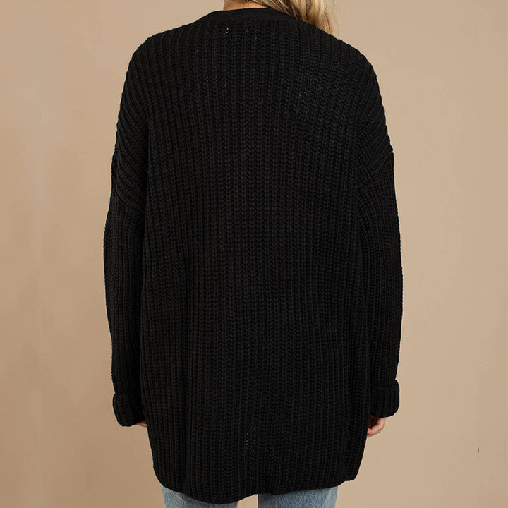 Womens chunky knit jacket with deep V-neck and relaxed fit Lune London
